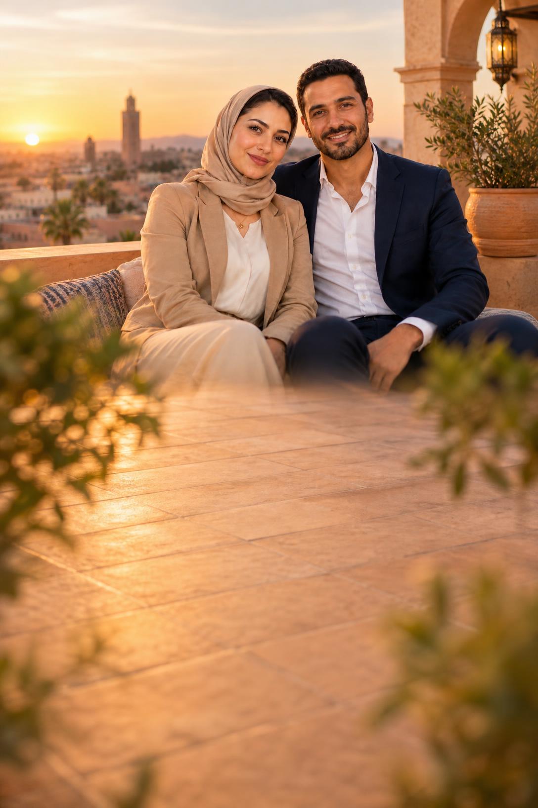 Deux personnes souriantes sur une terrasse ensoleillée au coucher du soleil — illustration